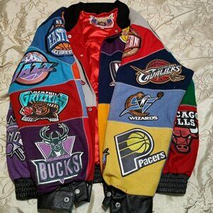 Men's Jeff Hamilton NBA logo patch bomber jacket, size 3X.  Wool and leather.